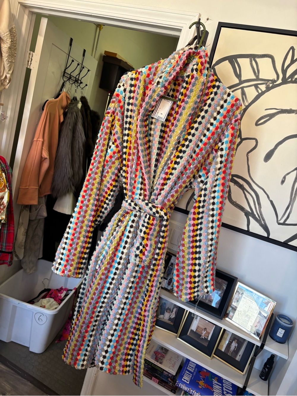 Buldano Multicolor Crochet-Style Shawl Collar Robe with Belt